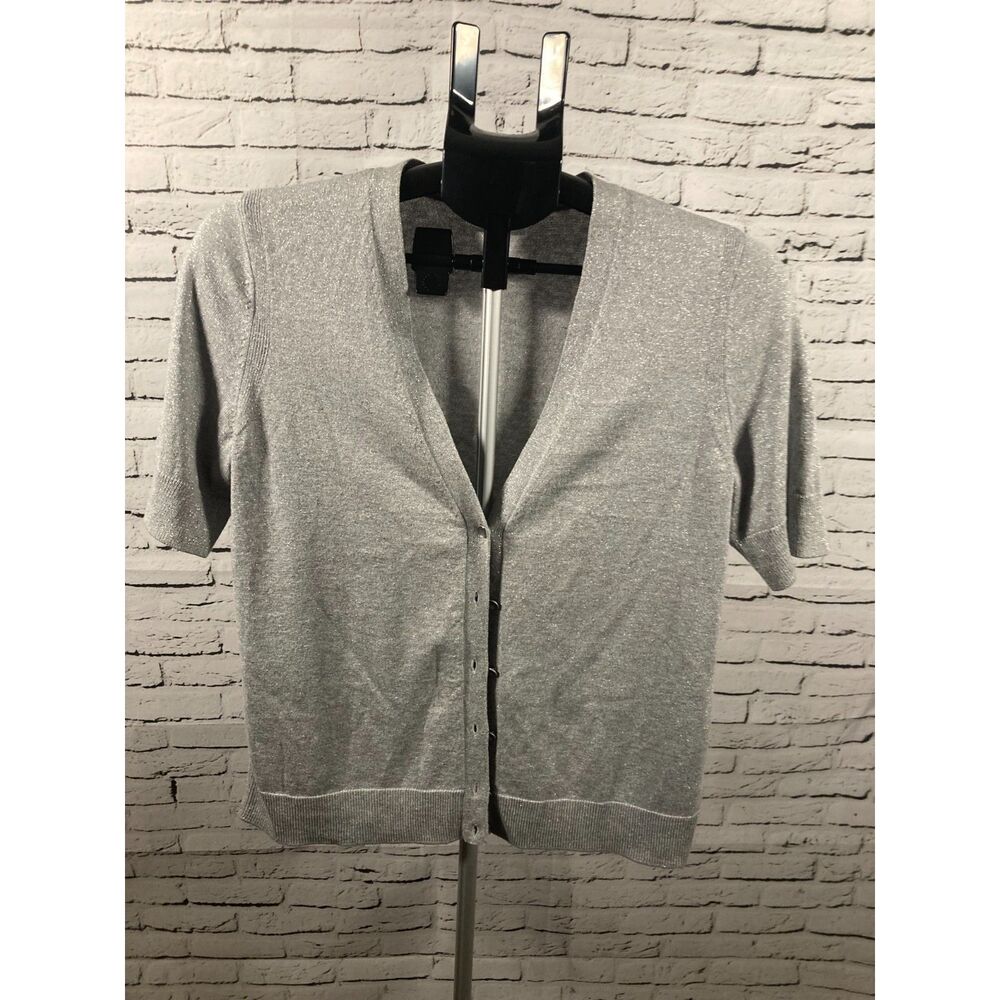 Talbots Light Gray Knit Cardigan Size MP Short Sleeve Shimmer Knit